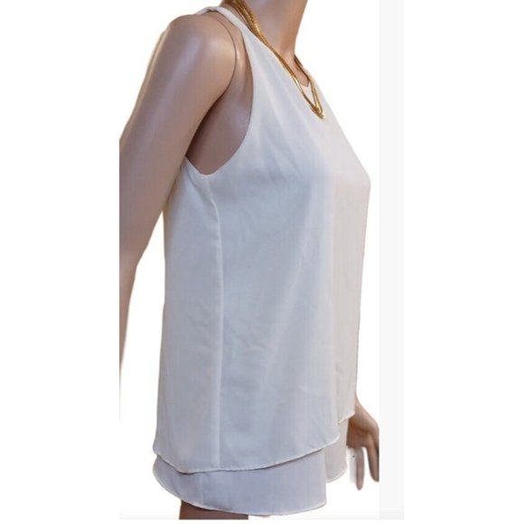 SAINT TROPEZ WEST-SMALL- Layered Chiffon Split Back Women's Sleeveless Beige Top - Picture 8 of 13